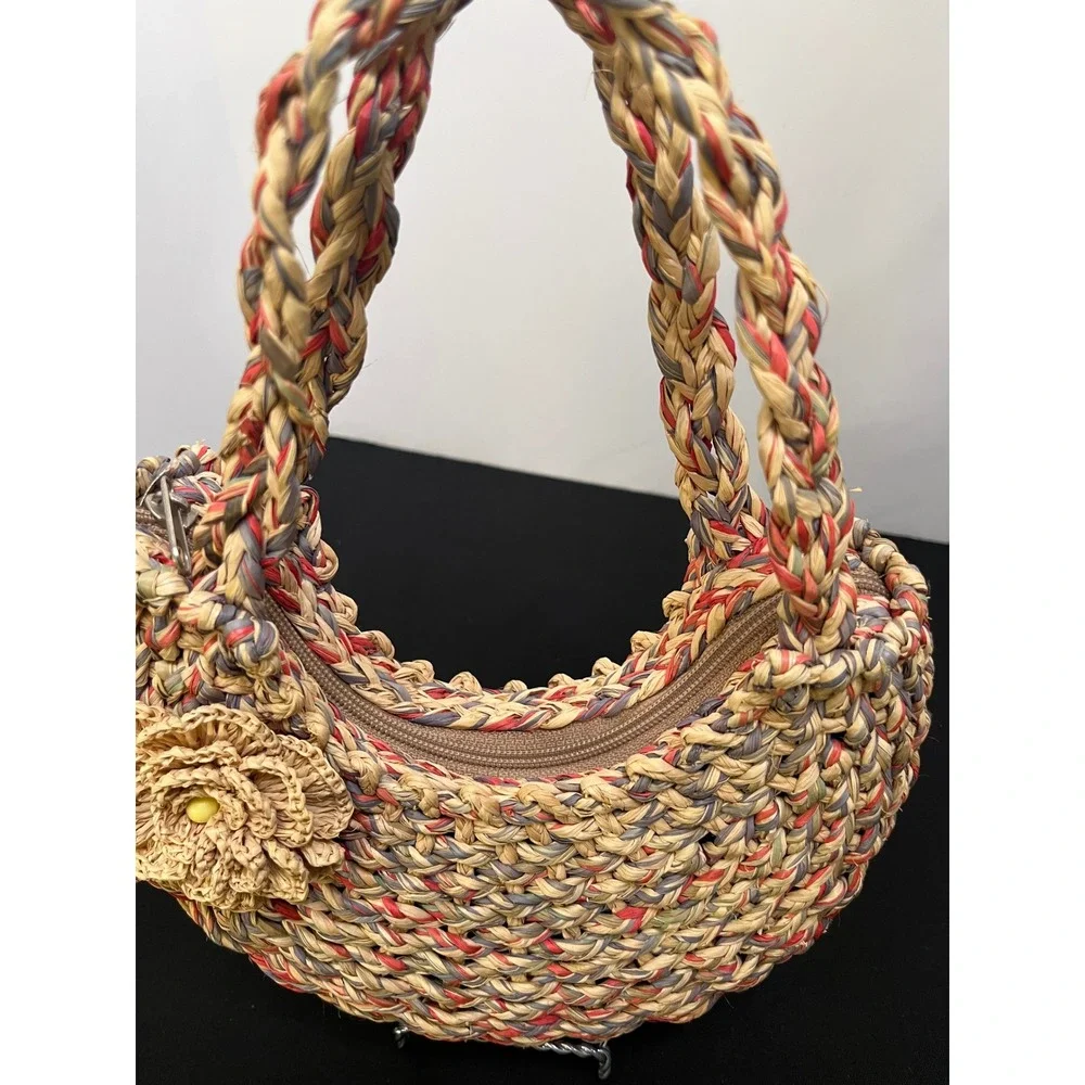Woven Straw Hobo Bag Multi-Color Braided Raffia Flower Accent Summer Handbag